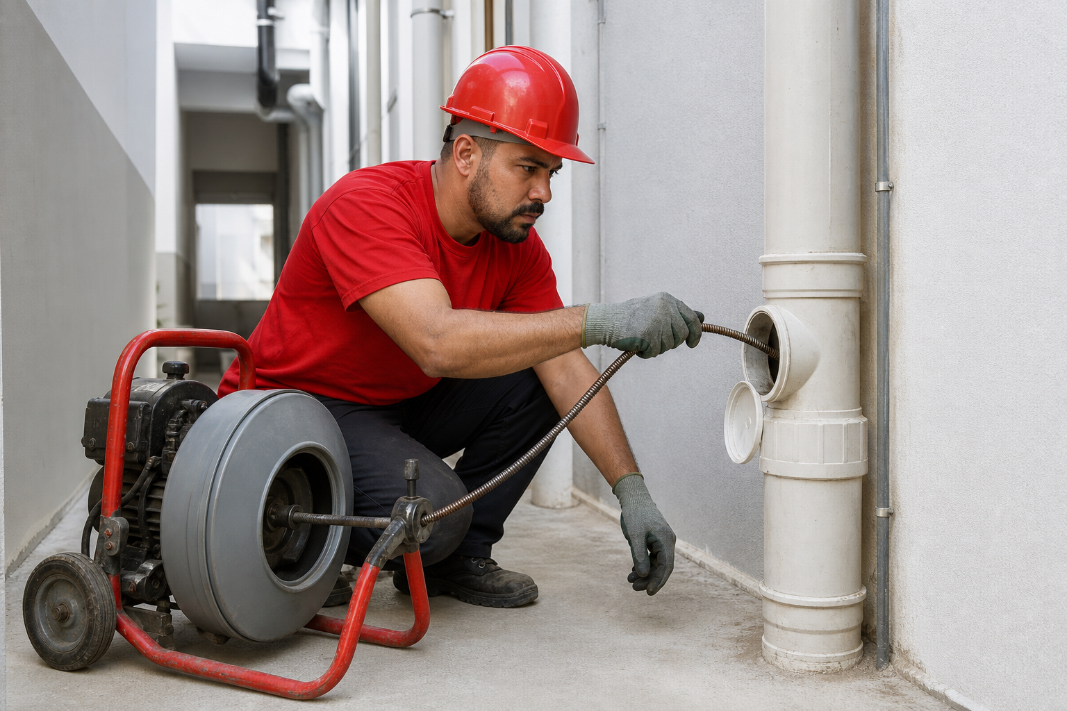 Técnico realizando desentupimento de coluna predial e prumada