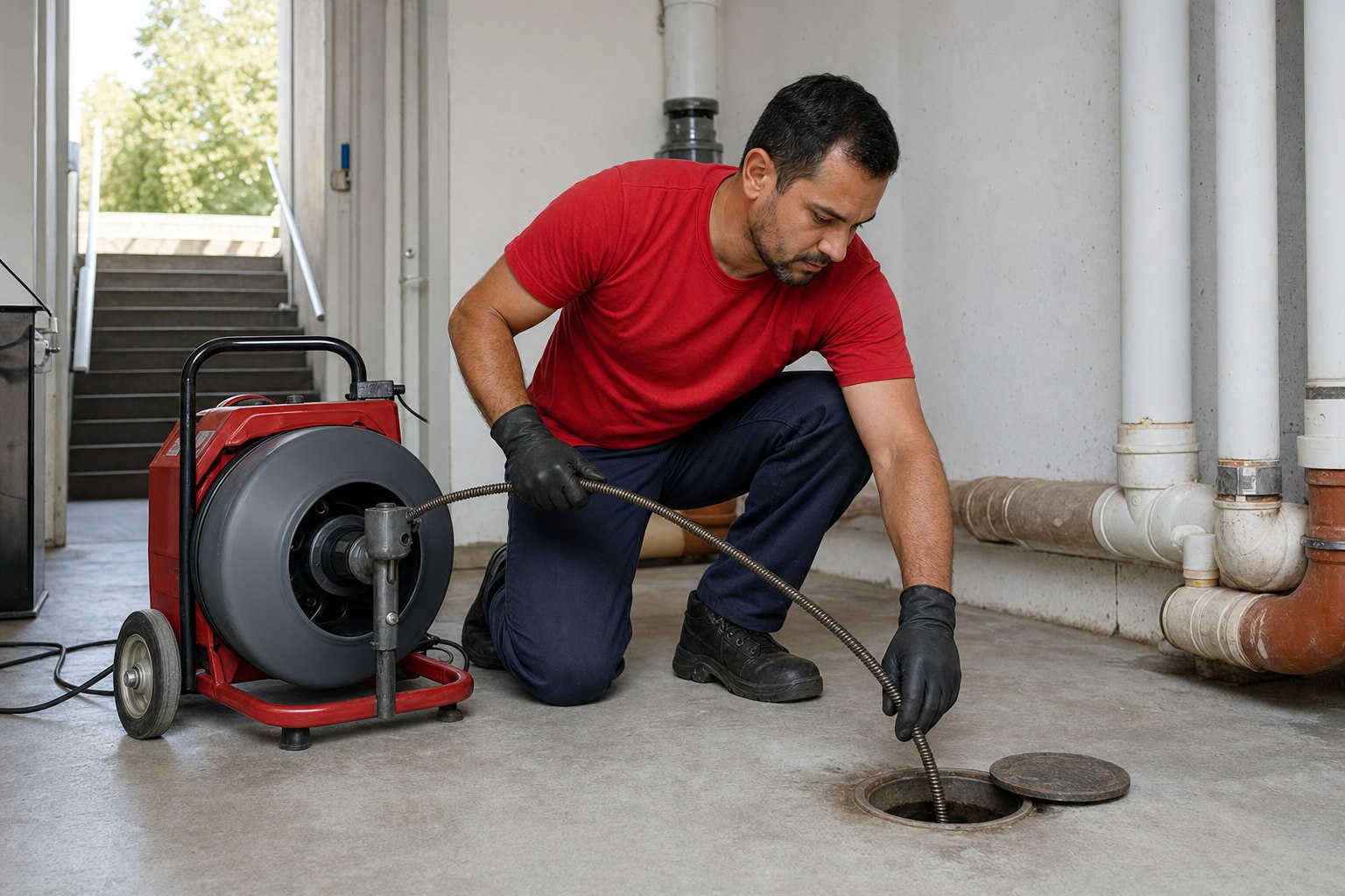 Técnico realizando desentupimento de esgoto com máquina profissional