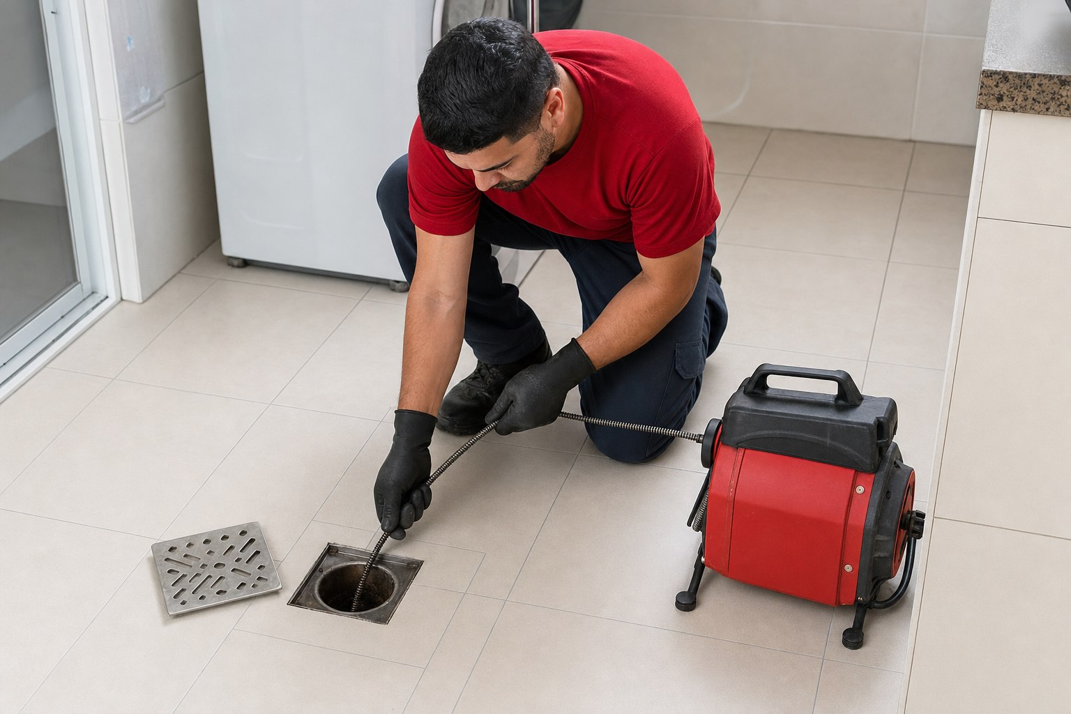Técnico realizando desentupimento de ralo com máquina profissional