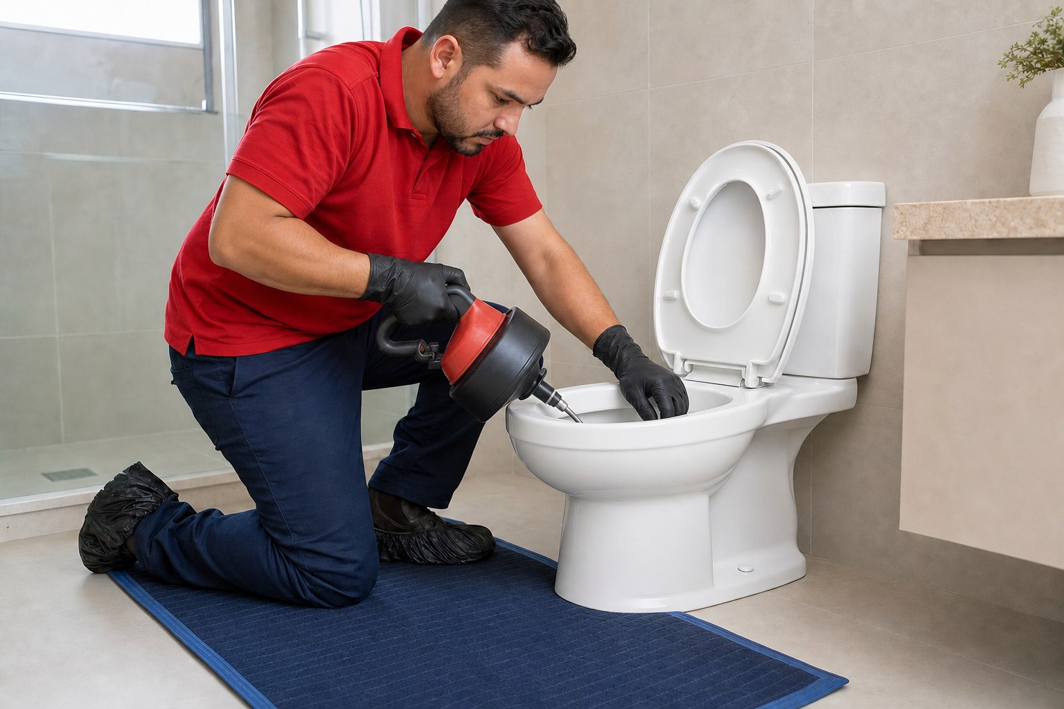 Técnico realizando desentupimento de vaso sanitário com a espiral dentro do vaso